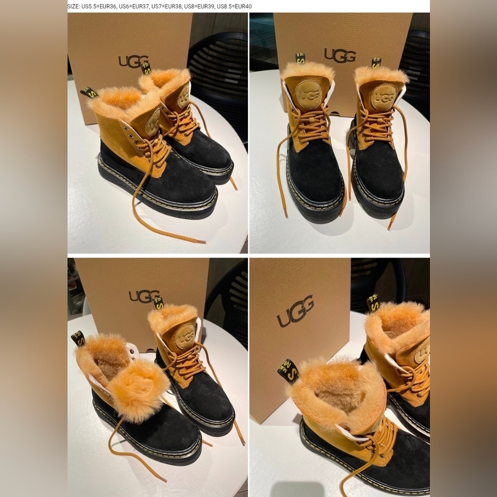 UGG Kids Black and Tan Boots with Fur Lining